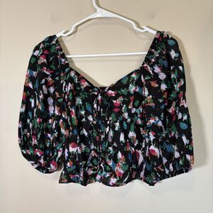 Open EDIT Nordstrom Long Sleeve Corset Blouse Top Floral‎ Black Small S